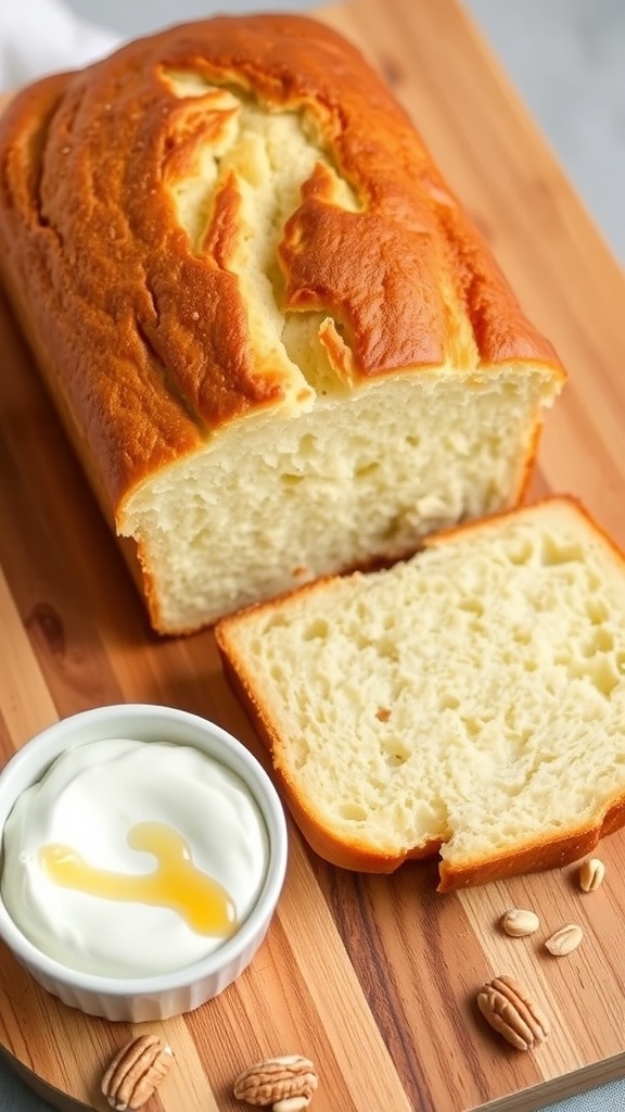 High Protein Yogurt Bread Recipe Sliced high protein yogurt bread on a cutting board with yogurt and honey.